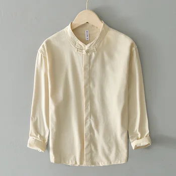 2022 Пролетно-летни Мъжки Дишащи ризи от памук и лен, однотонная риза с яка издържа от тънък лен, блуза с дълги ръкави
