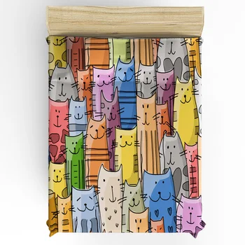 Cartoony котка животно цвят, Спално бельо по поръчка, Чаршаф, матрак цилиндър с еластична домашна двойно чаршаф (без да се покрива възглавница)