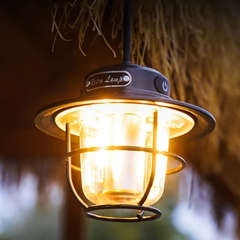 Led лампа за къмпинг, Ретро 200лм, Туризъм лампа с гладка затъмняване Type-C USB, акумулаторна за разходки, риболов, извънредни ситуации