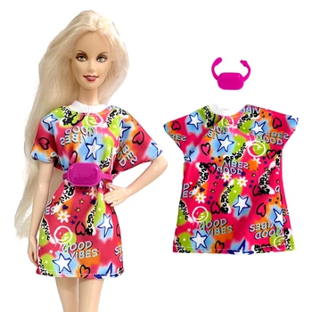 NK 1 комплект куклен девичьего рокли, комплект: рокля в празничния интериор + розова поясная чанта за кукли Барби за 1/6 кукли, аксесоари за облекло, играчки