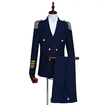 Мъжки костюми от 2 теми, тъмно синьо, Бяло оборудвана сако, яке, панталони, капитанская дрехи, двубортный