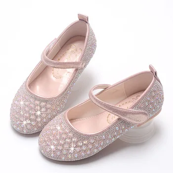 Пролет-есен нова детска кожа обувки на мека противоплъзгаща подметка, обувки принцеси за момичета, Обувки за изпълнения с кристали за малки момичета